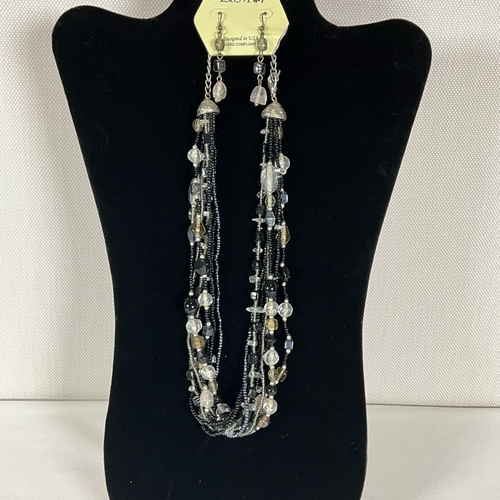 Esmor Necklace with Earrings  Black and Silver-Tone Beaded Necklace 8 strands